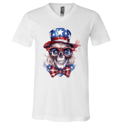 America Flag Skull USA Patriotic 4th July Skeleton V-Neck T-Shirt