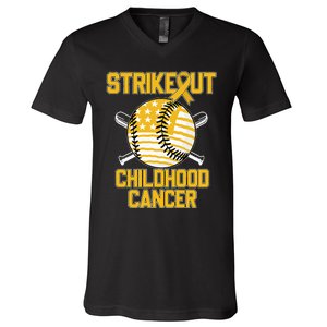 American Flag Strikeout Childhood Cancer Baseball V-Neck T-Shirt