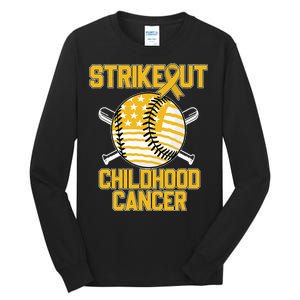 American Flag Strikeout Childhood Cancer Baseball Tall Long Sleeve T-Shirt