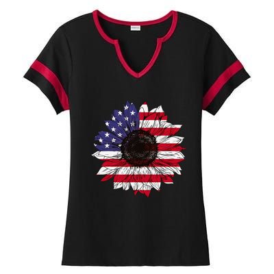 American Flag Sunflower Graphic 4th of July Plus Size Ladies Halftime Notch Neck Tee