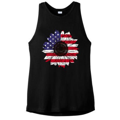 American Flag Sunflower Graphic 4th of July Plus Size Ladies PosiCharge Tri-Blend Wicking Tank