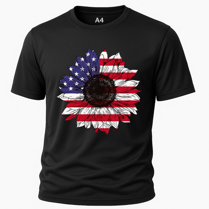 American Flag Sunflower Graphic 4th of July Plus Size Cooling Performance Crew T-Shirt