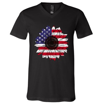 American Flag Sunflower Graphic 4th of July Plus Size V-Neck T-Shirt