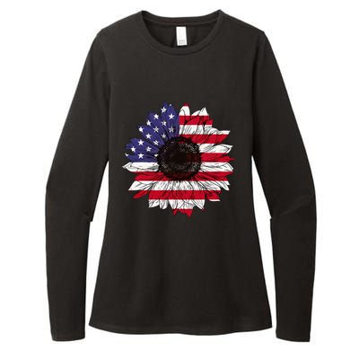 American Flag Sunflower Graphic 4th of July Plus Size Womens CVC Long Sleeve Shirt