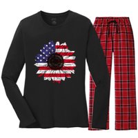 American Flag Sunflower Graphic 4th of July Plus Size Women's Long Sleeve Flannel Pajama Set 