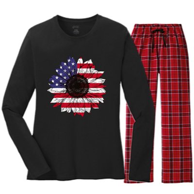 American Flag Sunflower Graphic 4th of July Plus Size Women's Long Sleeve Flannel Pajama Set 