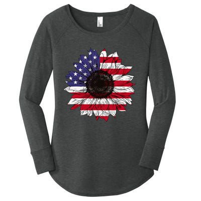 American Flag Sunflower Graphic 4th of July Plus Size Women's Perfect Tri Tunic Long Sleeve Shirt