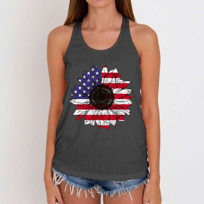 American Flag Sunflower Graphic 4th of July Plus Size Women's Knotted Racerback Tank