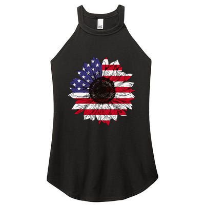 American Flag Sunflower Graphic 4th of July Plus Size Women's Perfect Tri Rocker Tank