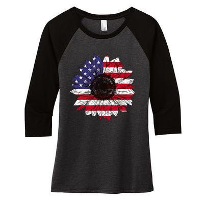 American Flag Sunflower Graphic 4th of July Plus Size Women's Tri-Blend 3/4-Sleeve Raglan Shirt