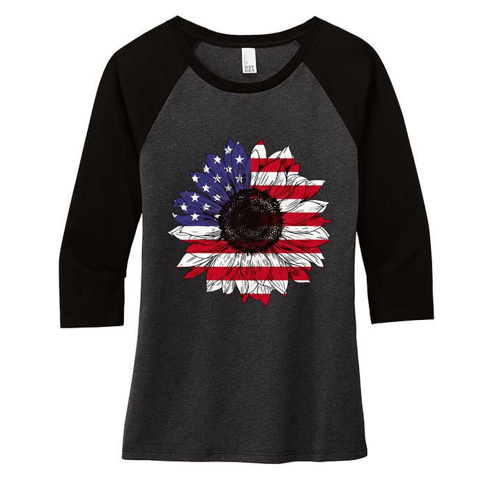 American Flag Sunflower Graphic 4th of July Plus Size Women's Tri-Blend 3/4-Sleeve Raglan Shirt