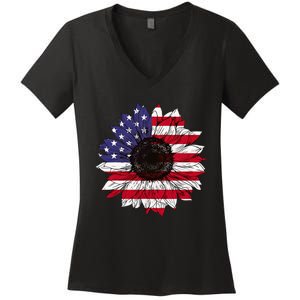 American Flag Sunflower Graphic 4th of July Plus Size Women's V-Neck T-Shirt