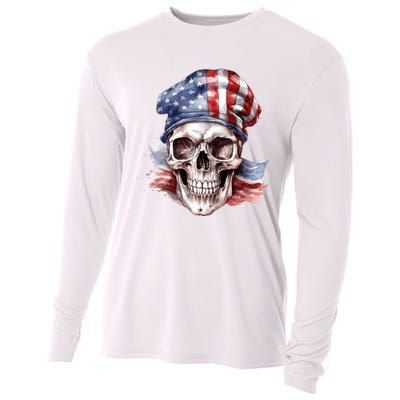 America Flag Skull USA Patriotic 4th July Skeleton Cooling Performance Long Sleeve Crew