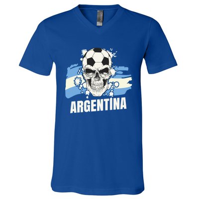 Argentina Flag Skull Soccer Player Argentine Cool Gift V-Neck T-Shirt