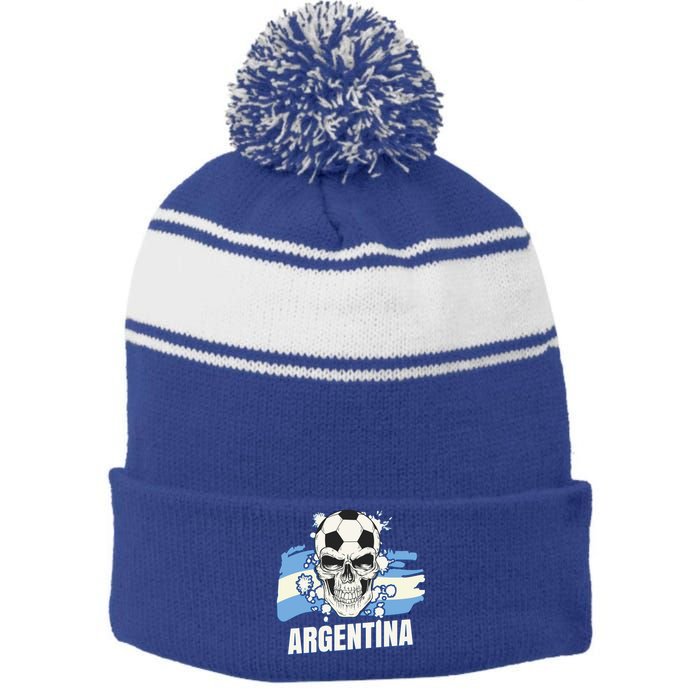 Argentina Flag Skull Soccer Player Argentine Cool Gift Stripe Pom Pom Beanie