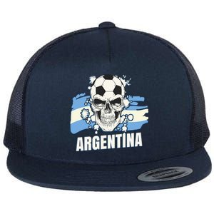 Argentina Flag Skull Soccer Player Argentine Cool Gift Flat Bill Trucker Hat