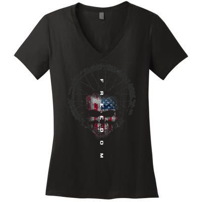 American Flag Skull Cycling Bicycle MTB Mountain Bike Women's V-Neck T-Shirt