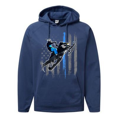 American Flag Snowmobile Gift Snowmobile Riding Gift Meaningful Gift Performance Fleece Hoodie