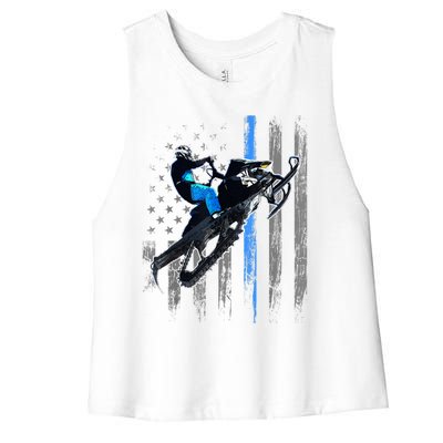 American Flag Snowmobile Gift Snowmobile Riding Gift Meaningful Gift Women's Racerback Cropped Tank