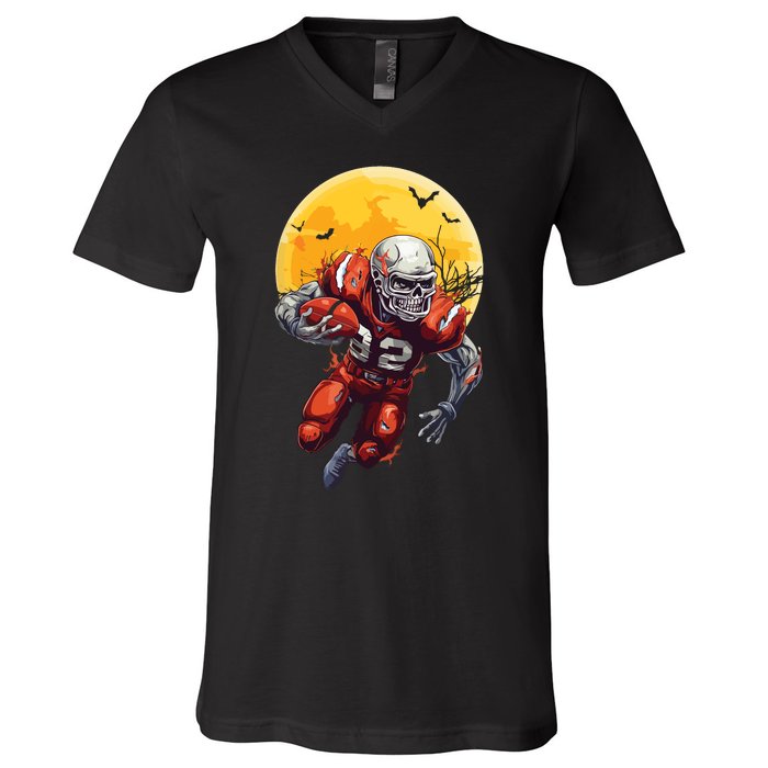 American Football Skeleton Halloween Football Fan V-Neck T-Shirt