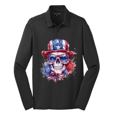 America Flag Skull Sunglasses USA Patriotic 4th July Skeleton Silk Touch Performance Long Sleeve Polo