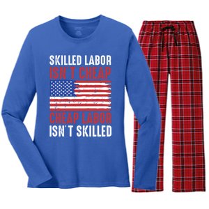 American Flag Skilled Labor Isnt Cheap Labor Day Great Gift Women's Long Sleeve Flannel Pajama Set 