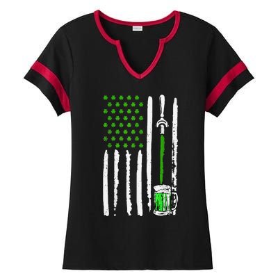 American Flag St Patrick's Day Shamrock Drinking Beer Irish Ladies Halftime Notch Neck Tee