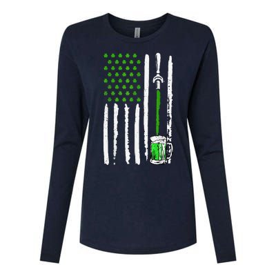 American Flag St Patrick's Day Shamrock Drinking Beer Irish Womens Cotton Relaxed Long Sleeve T-Shirt