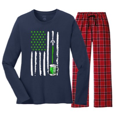 American Flag St Patrick's Day Shamrock Drinking Beer Irish Women's Long Sleeve Flannel Pajama Set 