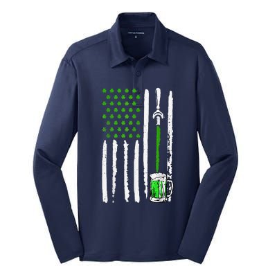 American Flag St Patrick's Day Shamrock Drinking Beer Irish Silk Touch Performance Long Sleeve Polo