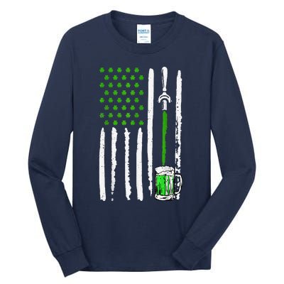 American Flag St Patrick's Day Shamrock Drinking Beer Irish Tall Long Sleeve T-Shirt