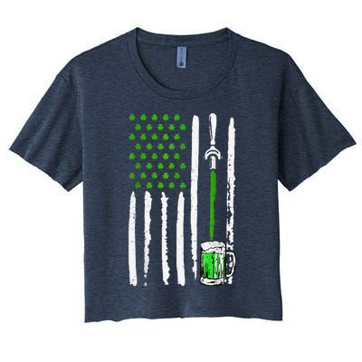 American Flag St Patrick's Day Shamrock Drinking Beer Irish Women's Crop Top Tee