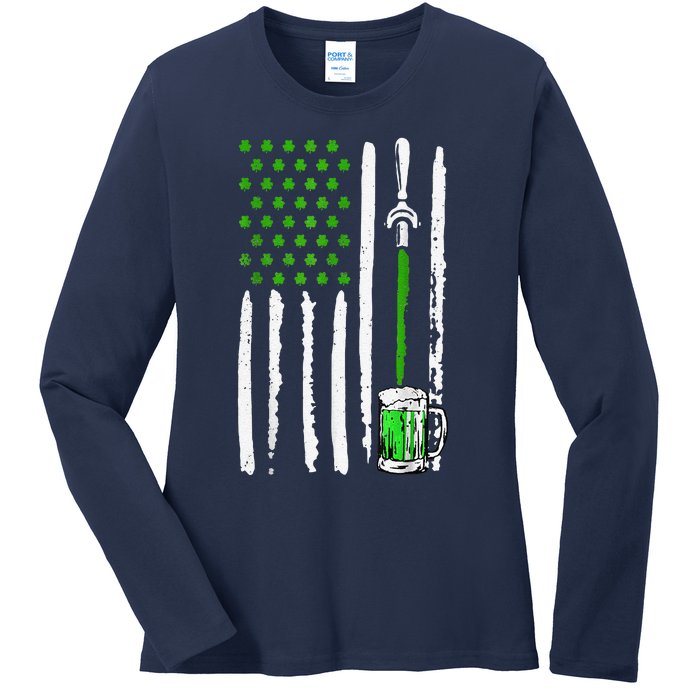 American Flag St Patrick's Day Shamrock Drinking Beer Irish Ladies Long Sleeve Shirt