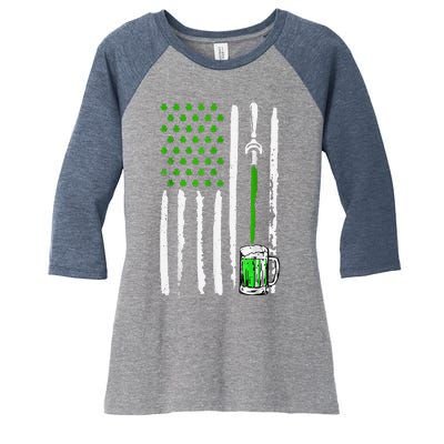 American Flag St Patrick's Day Shamrock Drinking Beer Irish Women's Tri-Blend 3/4-Sleeve Raglan Shirt