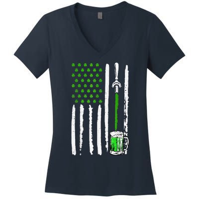 American Flag St Patrick's Day Shamrock Drinking Beer Irish Women's V-Neck T-Shirt