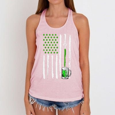 American Flag St Patrick's Day Shamrock Drinking Beer Irish Women's Knotted Racerback Tank