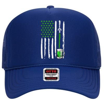 American Flag St Patrick's Day Shamrock Drinking Beer Irish High Crown Mesh Back Trucker Hat