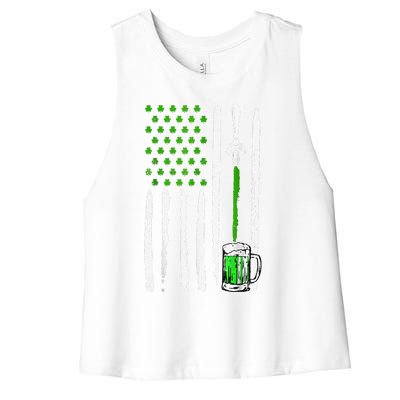 American Flag St Patrick's Day Shamrock Drinking Beer Irish Women's Racerback Cropped Tank