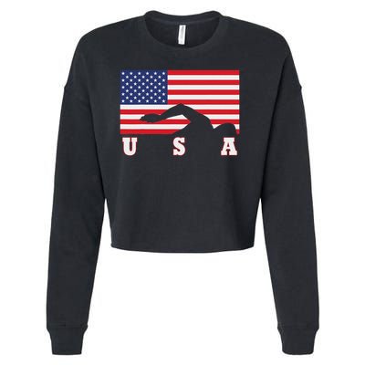 American Flag Swimming Usa Gift Cropped Pullover Crew