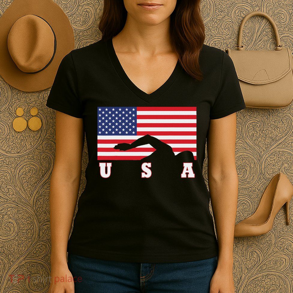 American Flag Swimming Usa Gift Women's V-Neck T-Shirt
