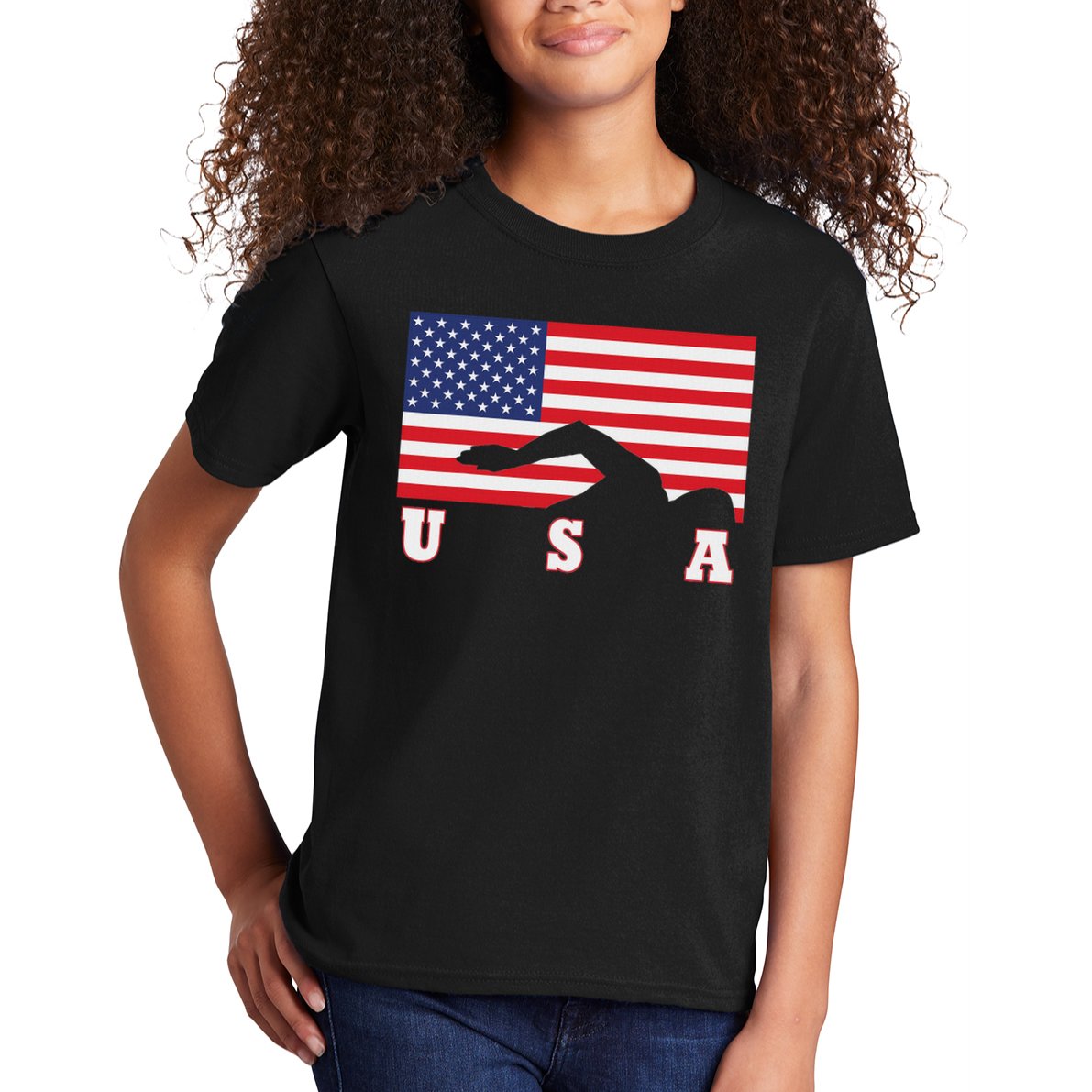 American Flag Swimming Usa Gift Kids T-Shirt