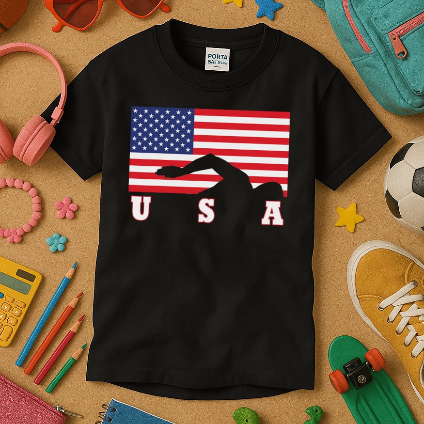 American Flag Swimming Usa Gift Kids T-Shirt
