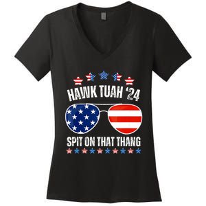 American Flag Sunglasses Hawk Tuah 24 Spit On That Thang Women's V-Neck T-Shirt