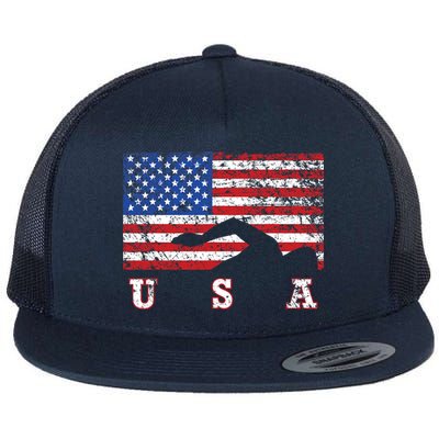 American Flag Swimming USA Gift, Swim Team Flat Bill Trucker Hat