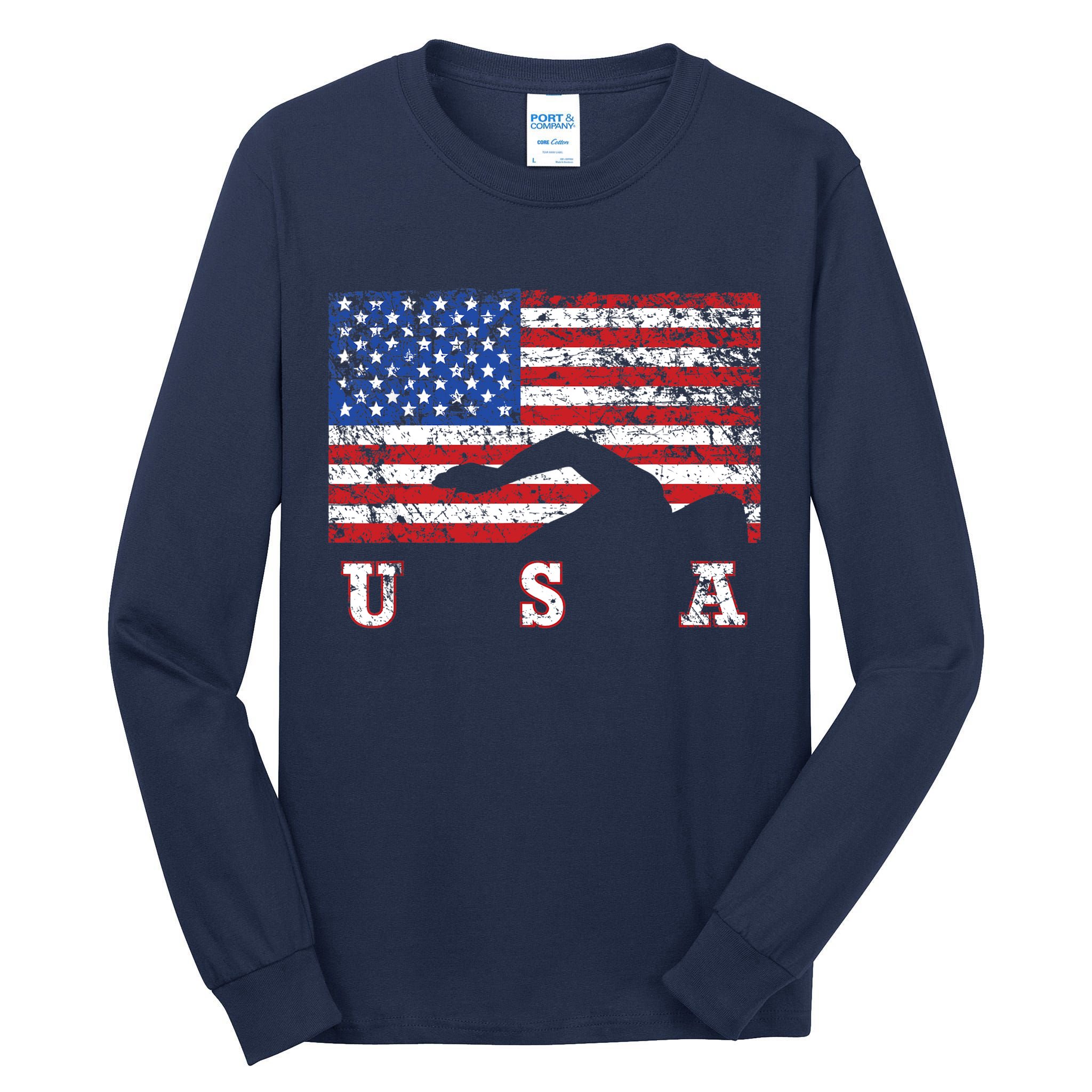American Flag Swimming USA Gift, Swim Team Tall Long Sleeve T-Shirt