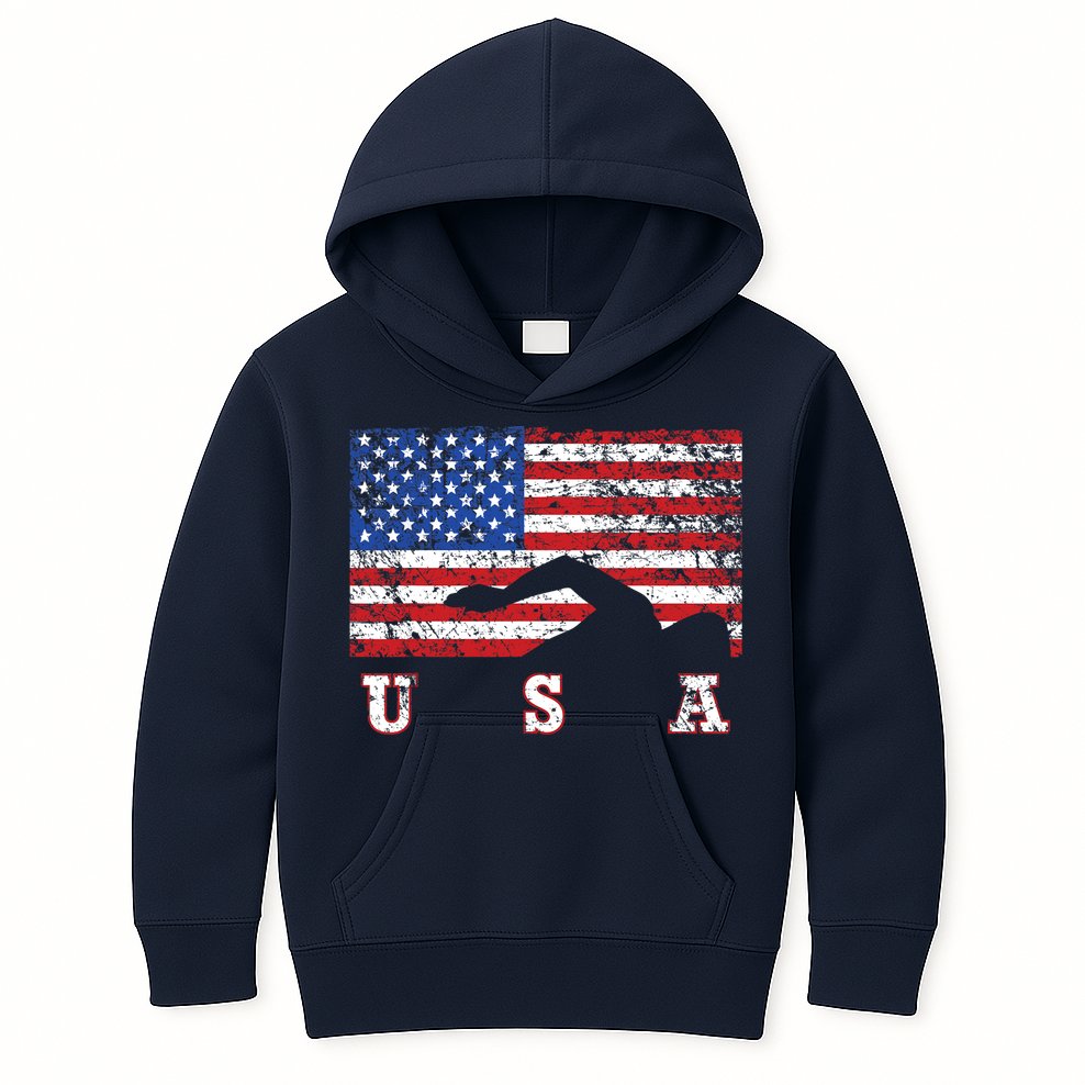 American Flag Swimming USA Gift, Swim Team Kids Hoodie