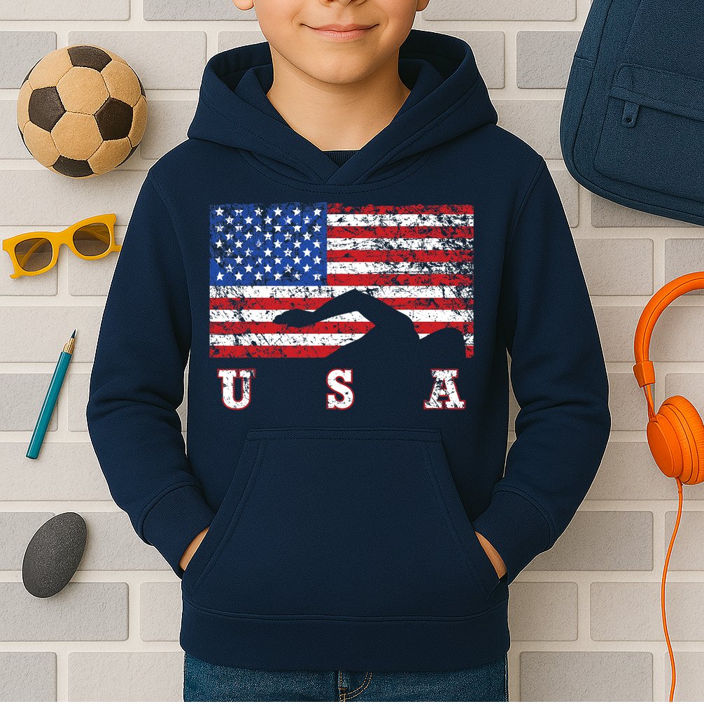 American Flag Swimming USA Gift, Swim Team Kids Hoodie