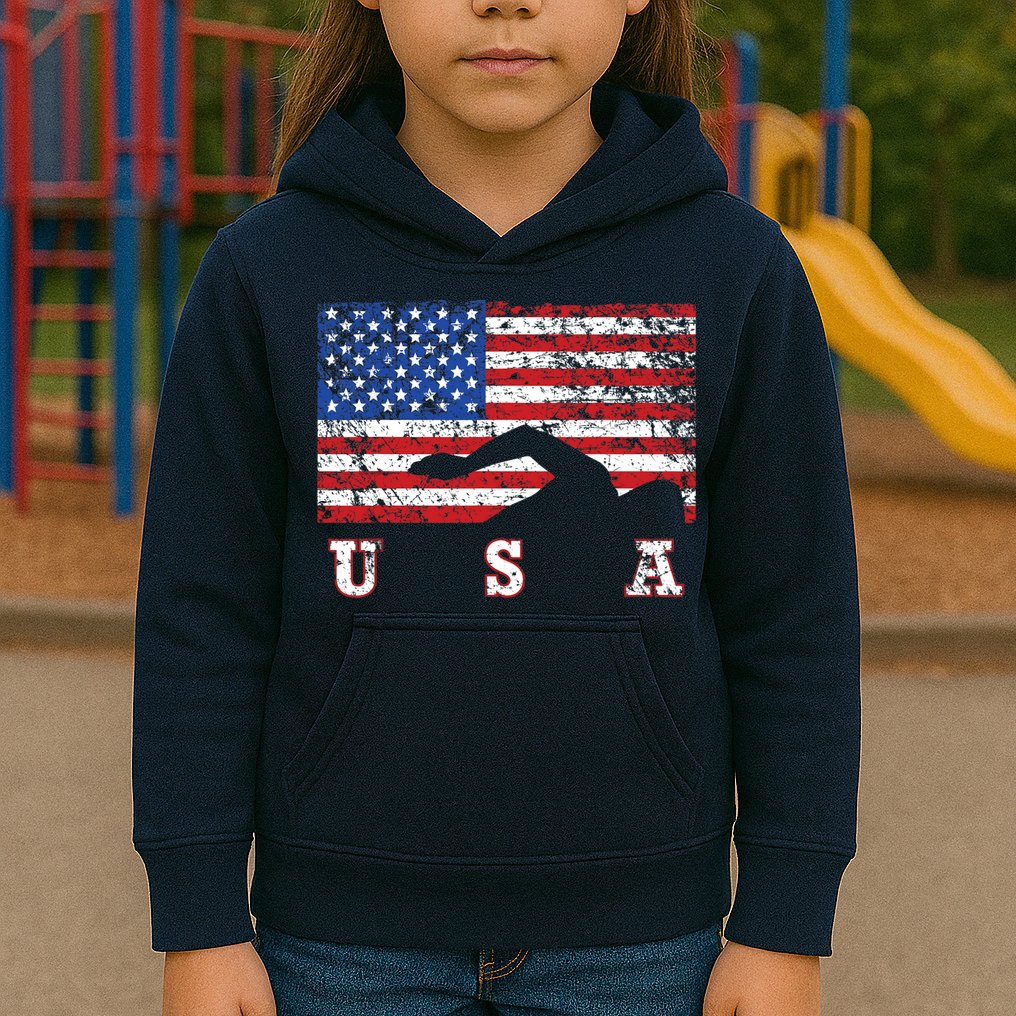American Flag Swimming USA Gift, Swim Team Kids Hoodie