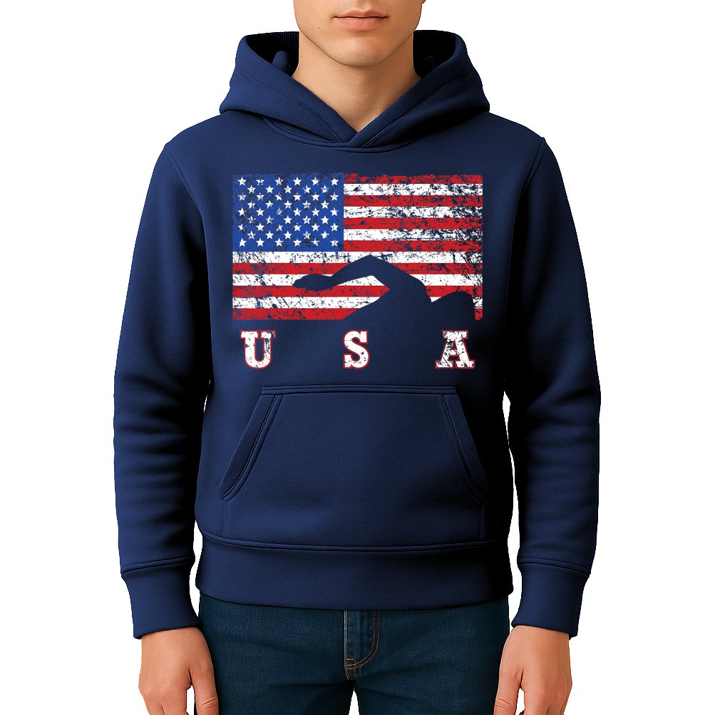 American Flag Swimming USA Gift, Swim Team Kids Hoodie