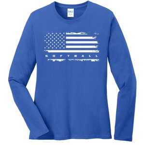 American Flag Softball Gift Softball Funny Gift Ladies Long Sleeve Shirt